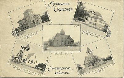 1915 Congregational, top right, Presbyterian, Center, Brethren, bottom left, Methodist Episcopal, Bottom right